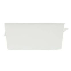 White plastic parts bin for industrial storage and organization, compatible with shelving systems, ideal for keeping hardware, tools, and small parts neatly sorted.